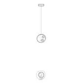 Pendant light, white linear drawing, rectangular mount with slender rod connecting to spherical shade featuring circular cutouts.