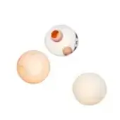 Wall lights, glass and opaque spheres, circular forms with cutouts, white background, “43” collection, diffused lighting, glossy finish.