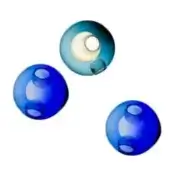 Translucent spheres in blue and teal gradients, featuring attached dark blue spheres on cylindrical necks, against a white backdrop.