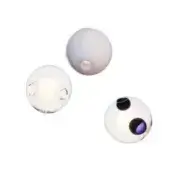 Spherical wall lights, translucent material, matte white, silver cutouts, purple insets, warm illumination, studio product shot.