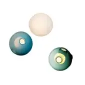 Spherical wall lights, opaque material, circular cutouts; matte white, teal blue, muted green finishes, diffused lighting, rounded fixture shapes.