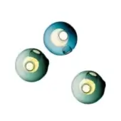 Wall-mounted spherical lights, teal and blue glass, recessed cream centers with white apertures, digital illustration, white background.