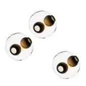 Plastic googly eyes, clear spherical shape, brown iris, black pupil, white highlight, triangular arrangement, white background.