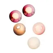 Spherical light fixtures, translucent material, magenta, amber, pink, and white hues, clustered arrangement, perforated surface, diffused illumination.