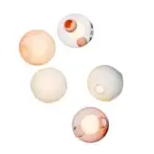 Spherical ceiling lights in peach, blue, rose & clear glass, featuring circular perforations, glossy finish, modular design, “63” collection.