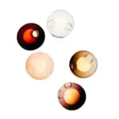 Spherical wall lights, glass and amber, layered design with outer spheres in red, peach, gold, clear, and yellow, mounted on gray plates.