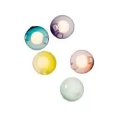 Spherical glass light fixtures in blue, purple, yellow, pink, and green display translucent, organic shapes with internal light and circular textures.