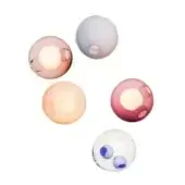 Spherical wall lights in rose, orange, lavender, and clear glass with blue spheres feature glowing apertures and organic, bubble-like forms.