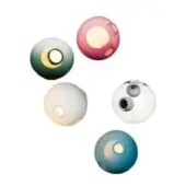 Spherical wall lights, blown glass, teal, rose, white, turquoise, gray, with circular and crescent openings, gold and orange accents.
