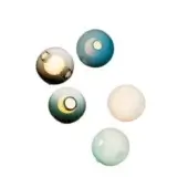 Spherical wall lights, translucent glass, amber, teal, green, white, mint, circular apertures, warm glow, asymmetrical arrangement, white background.