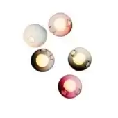 Blown glass ceiling lights, milky white to magenta, spherical shapes with varying opacity display warm internal illumination against a white backdrop.