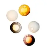 Spherical wall lights, blown glass, layered amber, gray and reddish-brown shades, circular indentations, flush mount, white background.