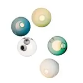 Spherical wall lights, glass and teal, arranged against white; circular openings reveal internal light sources, translucent surfaces vary in opacity.