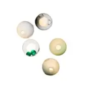 Spherical ceiling lights, translucent glass, varied colors with internal spheres, circular openings, studio product shot, white background.