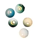 Spherical wall lights, teal-blue and green, arranged in ascending pattern with circular cutouts emitting warm light, smooth glazed finish.