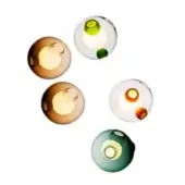 Blown glass wall lights, amber, white, teal hues, spherical shape with circular openings and subtle organic forms, studio lighting.