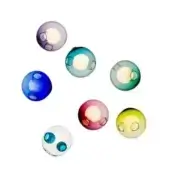 Spherical wall lights, translucent colored glass, circular arrangement featuring purple, teal, green, blue, red, yellow, and clear variants.