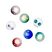 Spherical wall lights, translucent colored glass, circular arrangement featuring purple, green, blue, pink, turquoise, and white hues.