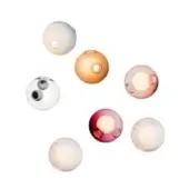 Blown glass sphere lights in amber, rose, pink & clear tones display circular openings and glossy finishes in a dynamic, overlapping arrangement.