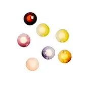 Blown glass sphere lights in burgundy, yellow, green, lavender, amber, and peach are arranged on a white background, featuring varied opacity.