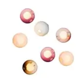 Blown glass sphere lights in pink, orange & pale blue-grey hues, featuring translucent gradients & circular openings against a white backdrop.