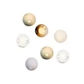 Spherical glass pendant lights in translucent white, amber, and lavender tones display rounded shapes with circular openings and soft internal illumination.