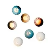Ceiling lights, spherical glass shades, arranged in a circle, featuring blue, amber, brown, and white hues with dark metal rings.