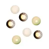 Spherical pendant lights in milky white, smoky gray, and pale green, featuring translucent textures and diffused internal illumination.
