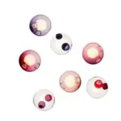 Blown glass ceiling lights, purple and pink hues, spherical form with embedded orbs and diffused warm light, studio shot.