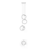 Pendant light fixture technical drawing, three spherical shades, black lines on white, rectangular mount, vertical suspension, triangular arrangement.
