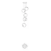 Linear chandelier technical drawing, metallic rods suspend varying-size spherical orbs, radial diagram illustrates orb arrangement, size 28.5.
