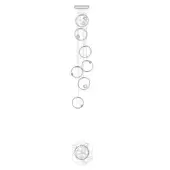 Chandelier technical drawing, linear design, cascading circular orbs suspended from rods, minimalist modern style, with footprint diagram and measurement label.