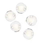 Pendant lights, clear glass, spherical shape with recessed LEDs, arranged in an asymmetrical cluster against a white backdrop.