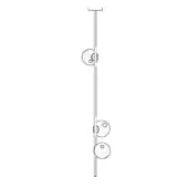 Pendant light, chrome finish, with three spherical lampshades featuring textured circular indentations along a slender vertical rod.