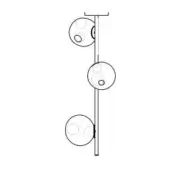 Pendant lights, white spherical shades, vertical metal rod, minimalist design, evenly spaced, smooth opaque surfaces, matte finish.