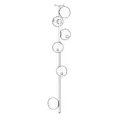 Pendant light, metal rod, transparent glass globes, asymmetrical arrangement, minimalist design, contemporary fixture, matte finish.