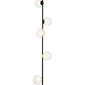 Pendant light, clear glass globes, matte black rod, minimalist design, six spherical shades, warm illumination, modern fixture.