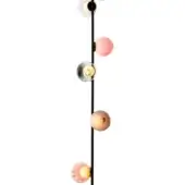Suspension light, black metal, six colored glass globes with varied textures hang at different lengths from a slender rod.
