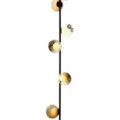 Suspension light fixture, black metal, seven glass globes in amber and clear tones with varied sizes and bubbled textures, warm golden illumination.