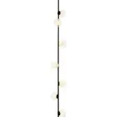 Suspension light fixture, black metal rod, eleven clear glass globes with textured interiors, minimalist linear design, studio lighting.