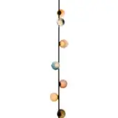 Suspension light, black metal, multi-colored glass globes, varying lengths, hand-blown texture, dimmer switch, asymmetrical design.