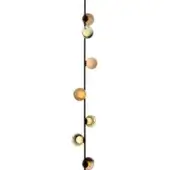 Suspension light, black metal, cascading arrangement of amber, gold, and green spherical glass orbs with mottled textures.