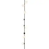 Pendant light, black metal, fifteen frosted glass globes arranged vertically on a slender rod, minimalist linear design, warm internal illumination.