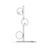 Floor lamp, metal, three spherical shades aligned on a rectangular pole with a base, minimalist modern design, black line drawing.