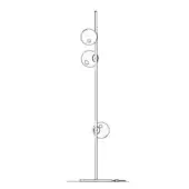 Floor lamp black line drawing, minimalist design, square base, three spherical shades, evenly spaced, technical illustration.