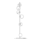 Floor lamp, metal pole, seven spherical orbs of varying sizes suspended along length, minimalist modern design, black and white line drawing.