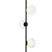 Wall-mounted light fixture, matte black metal, three clear glass spherical shades with internal bubbles, modern minimalist design.