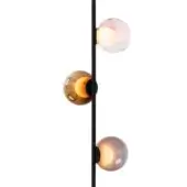 Wall sconce, matte black finish, three layered glass globes with warm white, amber, and rose tones, minimalist design, studio lighting.