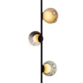 Wall-mounted light fixture, matte black finish, three layered glass spheres with amber tint, varying heights, minimalist design.
