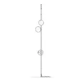 Floor lamp, metal, minimalist design featuring three circular lampshades spaced along a slender cylindrical pole with a rectangular base.